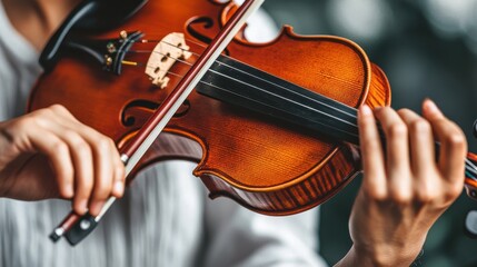 Fototapeta premium Close-up of a Violinist's Hands Gracefully Playing a Polished Violin