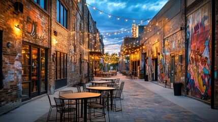 Fototapeta premium Evening Ambiance at Brick Alley: Urban Charm and Outdoor Dining