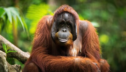 Vibrant Bornean Jungle Majestic Orangutan Swinging through Tropical Canopy, Surrounded by Lush Greenery and Wildflowers