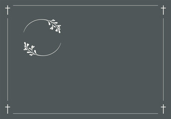 Funeral vector card. Empty card with black cross in the corners. Dark background and photo frame