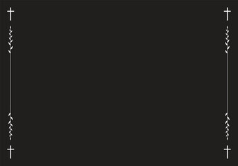 Funeral vector card. Empty card with black cross on corners and leaves