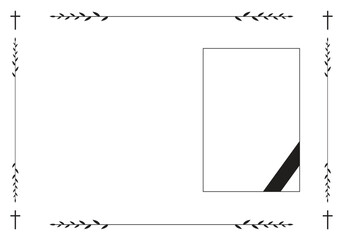 Funeral vector card. Empty card with black cross in the corners and photo frame with black ribbon