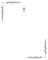 Funeral vector card. Empty card with black cross and leaves frame 