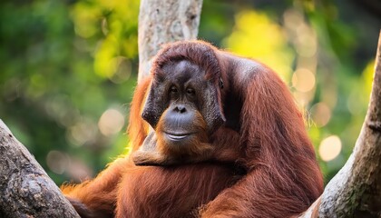 Majestic Orangutan Perched High Above the Bornean Rainforest Canopy, Showcasing a Glimpse of Its Playful Nature Amidst Lush Green Vegetation and Vibrant Wildlife.