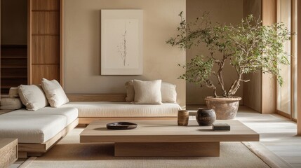 Fototapeta premium Serene Minimalist Living Room Interior Design with Wooden Furniture and Bonsai Tree