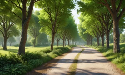 Fototapeta premium A line of healthy, green trees along a winding park path, greenery, garden, park path