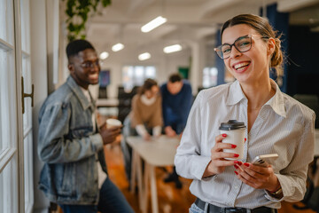 Portrait of beautiful businesswoman drink coffee in the office