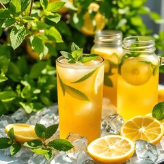 Fototapeta premium Refreshing Iced Lemon Mint Drinks with Ice Cubes