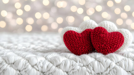 Fototapeta premium Knitted hearts on cozy blanket, bokeh lights background; Valentine's Day card