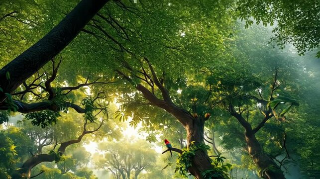 Lush green forest with sunlight filtering through the trees, creating a serene and vibrant atmosphere.