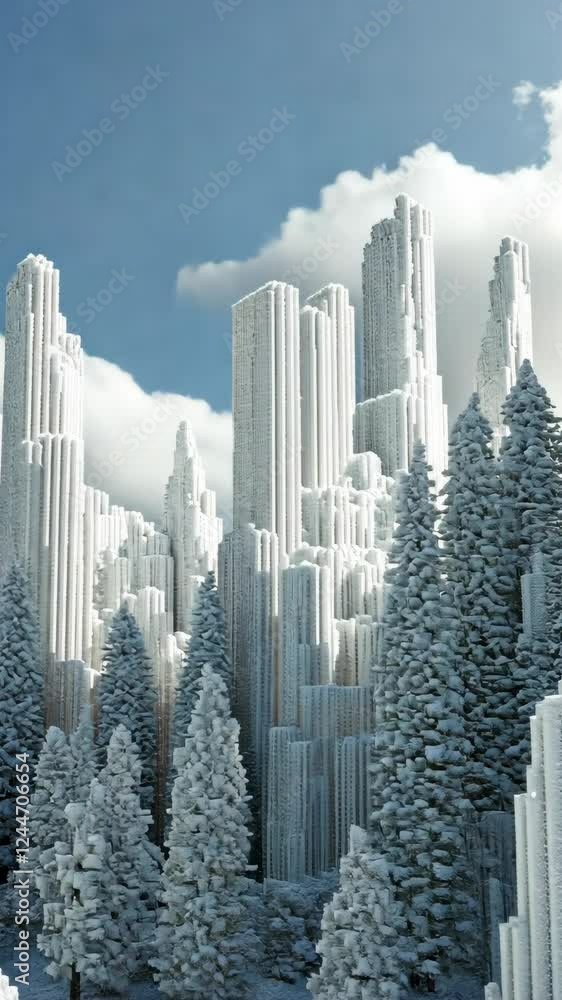 Poster mountains of snow create an intricate landscape with towering frozen formations and evergreen trees 