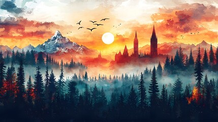 Breathtaking Travel Banner with Painted Landmarks in Earthy Sunset Tones