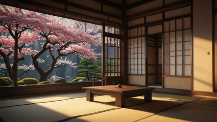 Fototapeta premium terrace and japanese garden at sunset