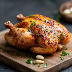 Roasted chicken, garlic, herbs, wood board, dark background, recipe