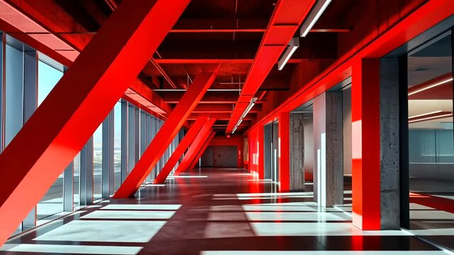 Red interior hallway, modern building, city view, sunlight