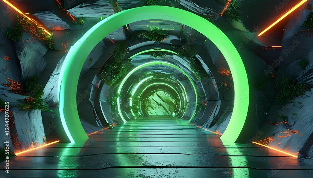 Poster futuristic light tunnel exploration digital realm 3d render virtual environment dynamic perspective