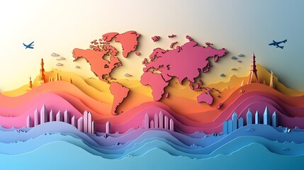Fototapeta premium Colorful Abstract World Map Design with Travel Motifs and Smooth Gradients
