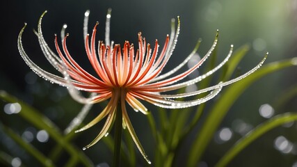 closeup of a spider lily on a morning dew forest background