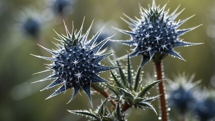 closeup of a sea holly on a morning dew forest background