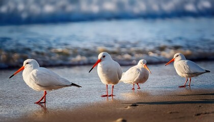 Striking Coastal Scene Pair of Oystercatchers Against the Backdrop of a Dramatic Sunset, Embracing the Peaceful Ambiance of an Unspoiled Beach at Dusk.