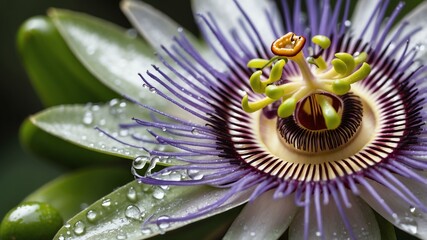 closeup of a passion flower on a morning dew forest background