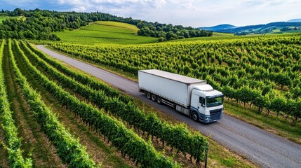 Scenic Vineyard Landscape with Delivery Truck Traveling Through Lush Green Grapevines