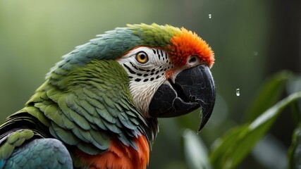 Obraz premium closeup of a parrots beak on a morning dew forest background