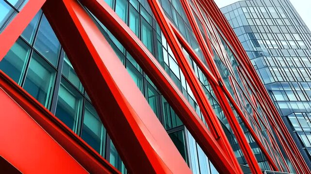 Red skyscraper facade, city, modern architecture, glass, urban, business