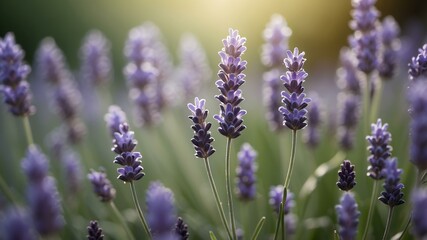Naklejka premium closeup of a lavender on a morning dew forest background