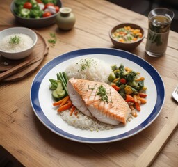 A plate of steamed fish served with a side of rice and vegetables on a wooden table ,  appetizer,  food,  healthy
