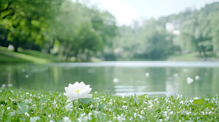 Fototapeta premium White lotus blossom by tranquil pond, park, spring