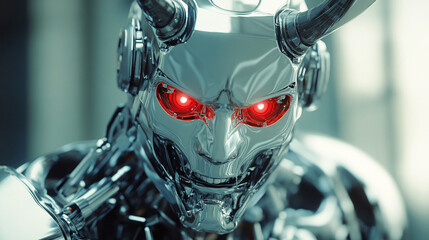 Closeup of the evil robot with red eyes and horns looking at the camera and smiling. futuristic cyborg machine made of chrome, dangerous technology innovation.