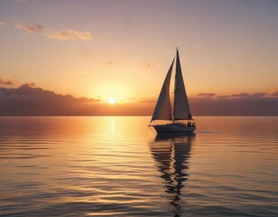 Fototapeta premium A sailboat gently sailing on a calm sea with the sun setting in the background , ocean, waves, sea
