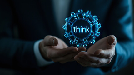 A businessman in elegant suit holding a blue digital hologram gear or cogwheel with text "think". innovation and development of corporate systems, technology advancement progress and efficiency.
