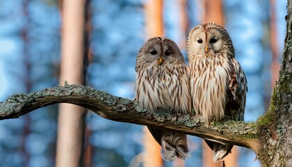 Peaceful Duo Strix Uralensis Perched in Winter Forest, Capturing the Serene Beauty of a SnowCovered Landscape
