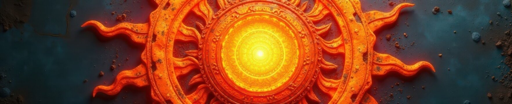 Circular sun design, aged texture, vibrant colors, basic, worn, sunburst