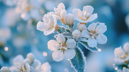 Frosted White Flowers in Winter Landscape with Sparkling Ice Crystals