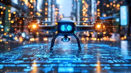 Futuristic Drones Monitoring Air in Smoggy Urban Landscape Displaying Real Time PM2 5 Data