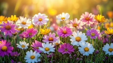 Fototapeta premium Vibrant Wildflower Field at Sunset - Colorful Daisy Blossom Scene
