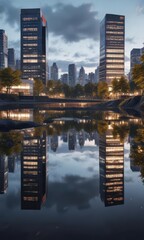 Fototapeta premium A sleek and modern cityscape reflected in a calm lake with a magazine cover on the shore, body of water, architecture, landscape
