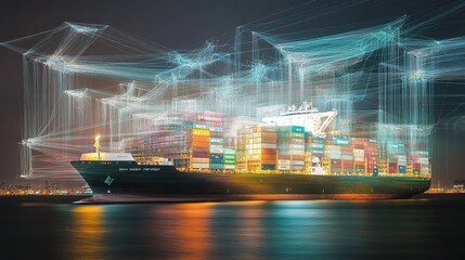 Obraz premium Global shipping network visualized with interconnected lines, container ships at sea.