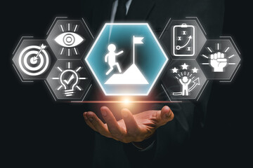 Visual representation of achieving goals with icons symbolizing success, motivation, and strategic planning in a business setting.