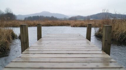Obraz premium Wooden dock on calm lake, hills in background, autumn day, nature scene