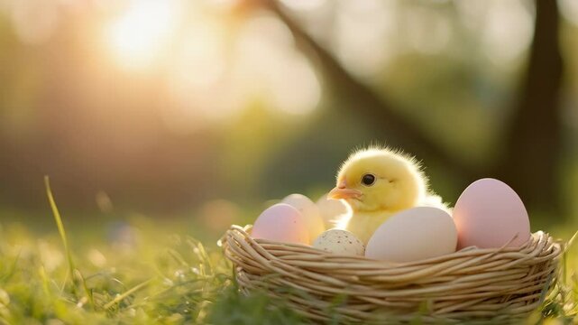 Colorful eggs and little chick in the nest on spring field with green grass. Fresh eggs from traditional poultry farm. Organic farming, back to nature concept. Spring Easter concept