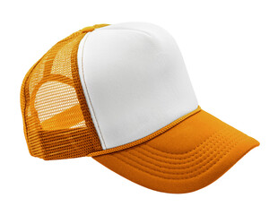 Mustard yellow trucker cap with white front panel, isolated on transparent background, ideal for...
