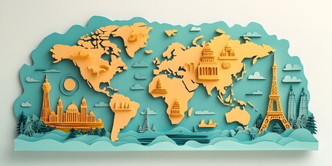 Intricate Paper Craft World Map with Iconic Travel Landmarks and Symbols on White Background