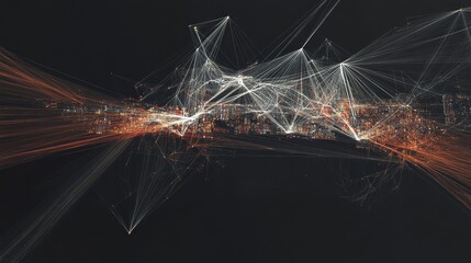 Global shipping network visualized with interconnected lines, container ships at sea.
