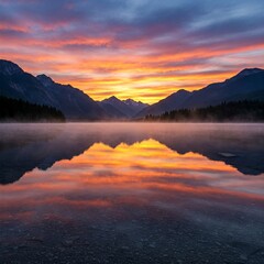 Obraz premium Dawn's Embrace: A 4K Lakeside Sunrise