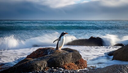 Tranquil Penguin on Rocky Shore Amidst Ocean Waves and Crisp Airlight, A Serene Wildlife Moment at Dusk.