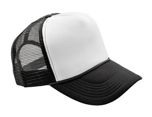 Black and white mesh trucker cap isolated on transparent background. Perfect for casual outfits,...